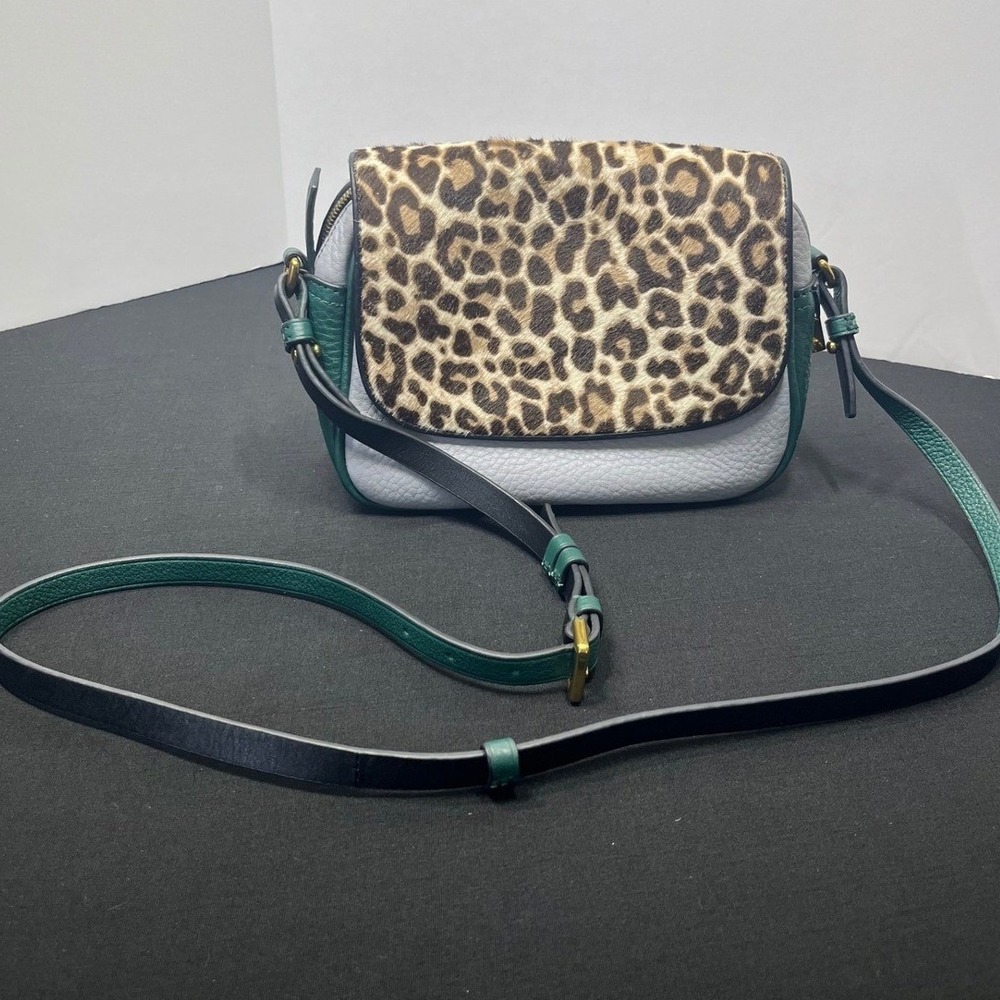 J.Crew Collection Leopard Calf Hair Leather Crossbody Bag Grey Green Gold Lock